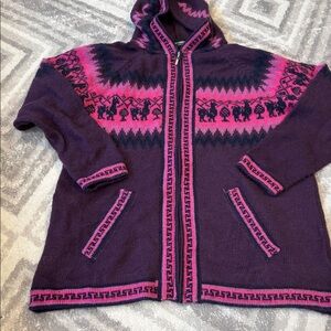 Womens alpaca connection made Peru Nordic fair isle sweater XL hood 15% alpaca